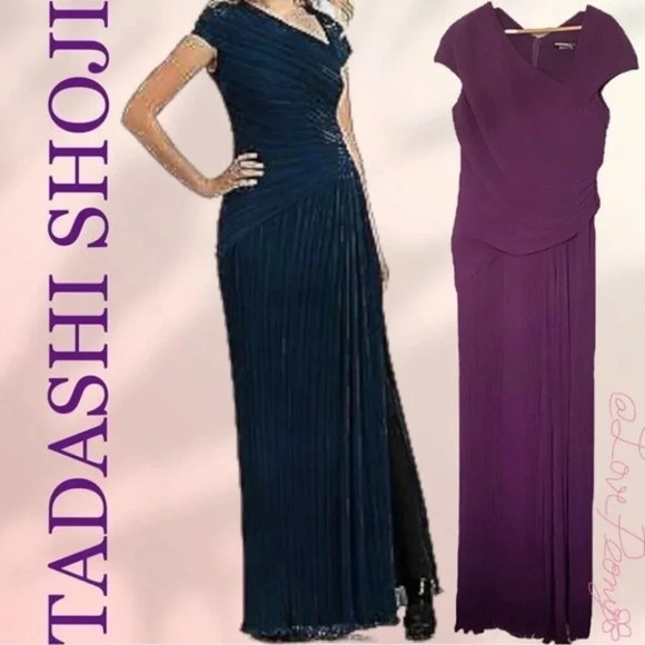 TADASHI SHOJI Pleated Chiffon Gown in Purple Size 16 - Picture 1 of 8